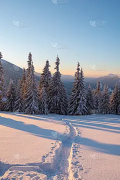神奇的日出在雪后的冬山