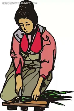 手绘正在切菜的古代日本女子插画|粉色上衣|古代日本女子|卡通画|绿色的菜|切菜|矢量素材|手绘|手绘插画图片场景插画|内衣美女矢量插画|绿色风景插画插画|插画设计 插画