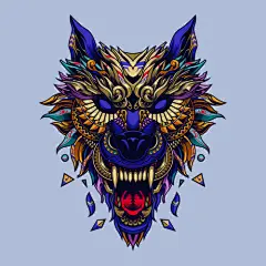 金色狼头兽面纹身图案设计矢量图插画