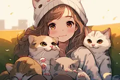 人与猫咪合照萌宠插画