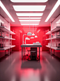 This lab room has a very dark light red color, in the style of conceptual digital art, alberto biasi, conceptual minimalism, uhd image, light magenta and white, chen zhen, studyplace