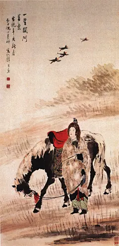 倪墨耕——《昭君出塞》欣赏  |  
倪田 (1855-1919):初名宝田，字墨耕，又号璧月盦主，江苏扬州人，侨上海。爱任颐画，遂弃其业而参用任法。今之学任颐者皆倪田别派。卒年六十五。水墨巨石，设色花卉，腴润遒劲，擅胜于时，并工山水。为近代海上六十名家之一。