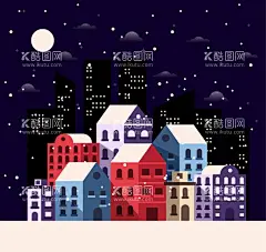 雪中的夜晚城市建筑  - 源文件下载【酷图网】楼房,夜晚,冬季,雪花,城市,建筑,eps,ai,矢量,高清图片,素材,