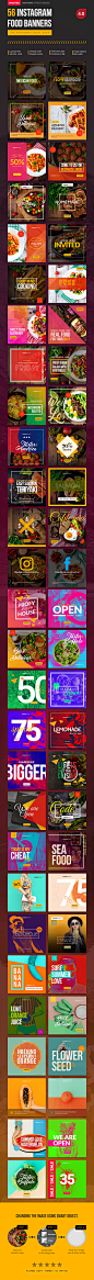 56 Instagram Food Banners : Instagram food banners for restaurant pages. Can be used for various food business, such as restaurant, cafe, fast food services and etc. Very easy to change colour variations, photos and elements.