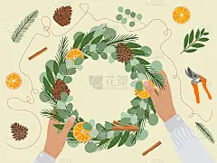 棕色女性手牵手，用环保材料制作圣诞花环。冷杉，松果，肉桂，干橙，月桂，剪枝。Eco圣诞节的概念。手绘