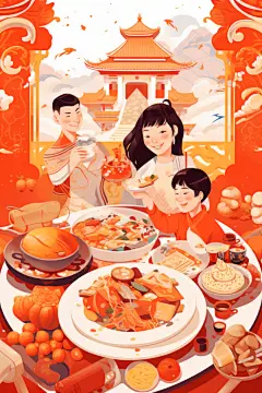 新年主题龙年除夕夜年夜饭插画
