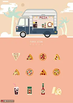 汽车商铺披萨冷饮餐饮插画 食品插画 风味小吃