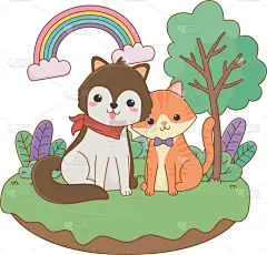 猫,狗,式样,卡通,可爱的,宠物,自然,多样,环境,图像