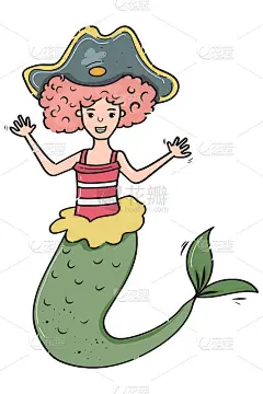 美人鱼海盗卡通风格，明亮的手绘草图，彩色矢量插图