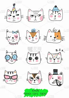 大卡瓦伊一套涂鸦可爱的甜猫，素描人物，手绘，猫面对不同的情感，表情，笑脸