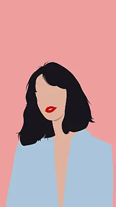 手绘插画黑色短发夸张耳饰复古女生无脸时尚唯美粉色帽子学生少女蓝色小西装