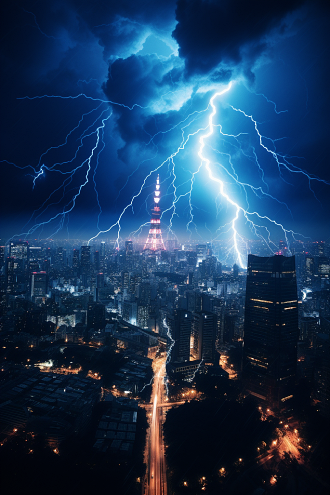 夜晚天空城市暴雨闪电天气摄影图