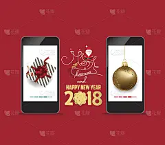 豪华优雅圣诞快乐，新年快乐2018海报。智能手机上的金球和礼物