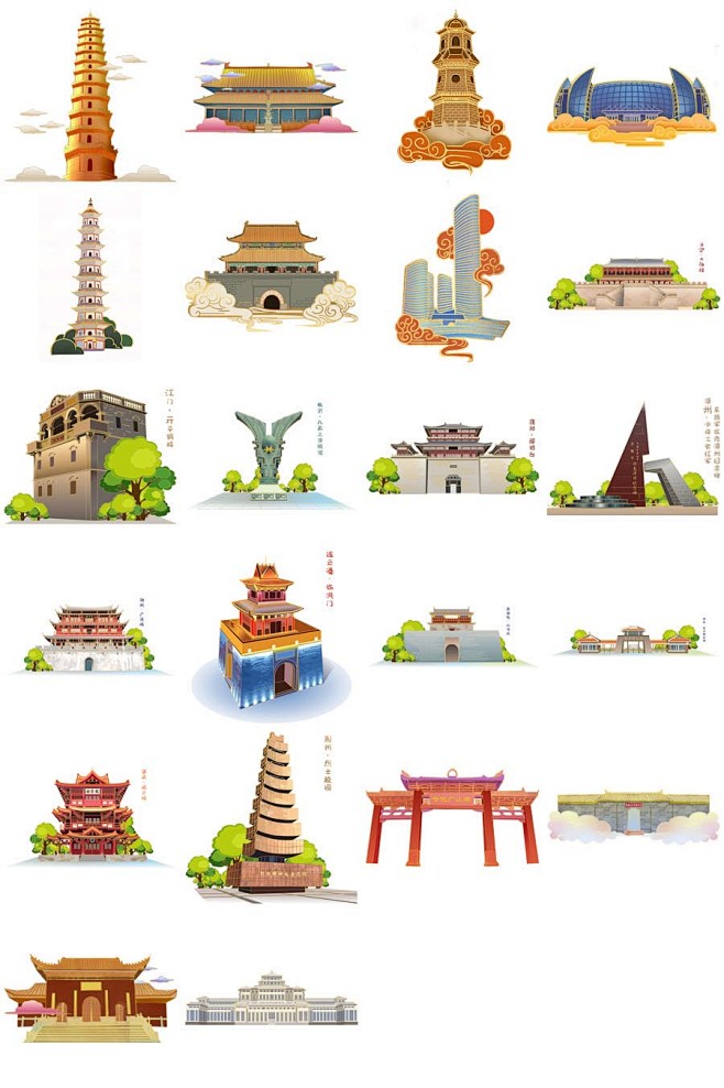 国潮风城市建筑地标景点旅游风光插图插画元...