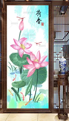 荷花夏荷荷韵荷香手绘中式花鸟玄关背景墙