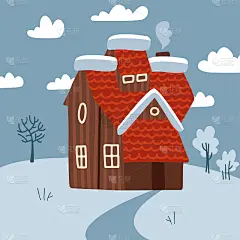 冬季草甸景观景区有小房子和烟囱烟雾。雪地形与树木和云..平面风格矢量插图。