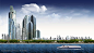 蓝天白云下的现代都市城市摩天大厦海洋运河轮船
