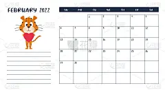 水平桌面日历页面模板为2022年2月与一个卡通的中国年符号。一周从星期天开始。老虎的爪子里有一颗心
