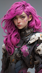 image of a young female girl in purple and pink, in the style of hyper-realistic sci-fi, 3d game art, simon birch, celestialpunk, heroic, light bronze, lively brushwork