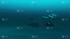 3只乌龟在深蓝色的海水中游泳的特写，乌龟的慢动作水下场景，美丽的海洋生命，4K高质量，3D渲染。