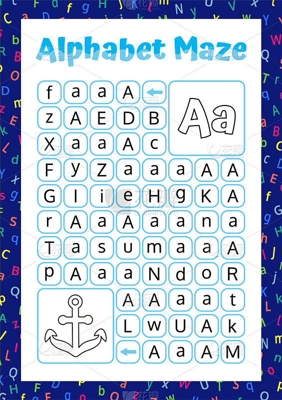 字母,矢量,绘画插图,谜题游戏,迷宫游戏,锚,英文字母A,休闲游戏,背景分离,教育