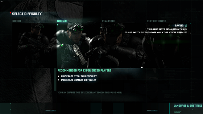 Difficulty Selection screenshot of Splinter Cell Blacklist video game