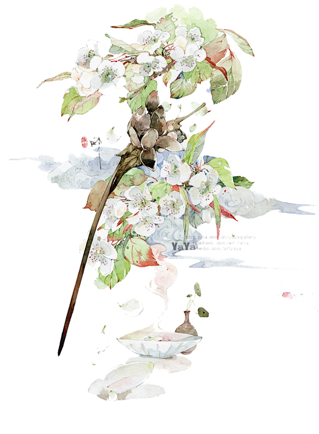 唯美中国古风水彩插画|中国风,彩色水墨画,水彩画,花卉,花鸟鱼虫,古代风,风景,落花流水,诗情画意,山清水秀,古风物件,古风花卉,文人墨客 ...
