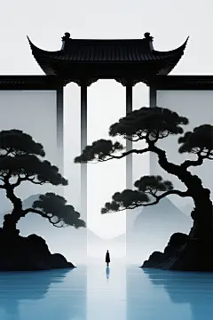 jimeng-2025-09-11-5875-电脑壁纸，极简主义，地面到画上画外巨高的一线空间，矛盾空间，古松影元素，古建筑上