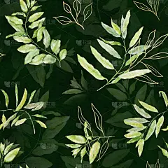 水彩无缝花卉图案与绿色和金色叶子在深绿色的背景。