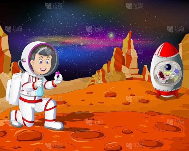 宇航员,平视角,火星,火箭,红色,卡通,男人,行星,清洁服,一个物体