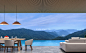 Loft style pool villa living and dining room with mountain view 3d rendering image
