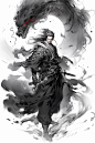 古风少年水墨武侠剑客和龙插画