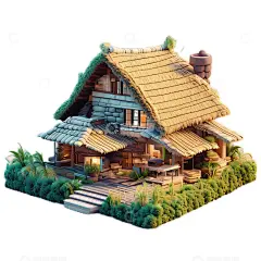 3D立体卡通茅草屋建筑农村生机勃勃高清模板免费下载-趣麦麦图
