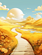 a gold house and gold path over a grass landscape, in the style of cartoon-inspired pop, cinematic sets, dao trong le, duckcore, light gold and gold, ferrania p30, multilayered realism