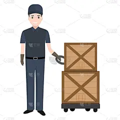 人与手动托盘千斤顶和板条箱图标，手动托盘卡车插图