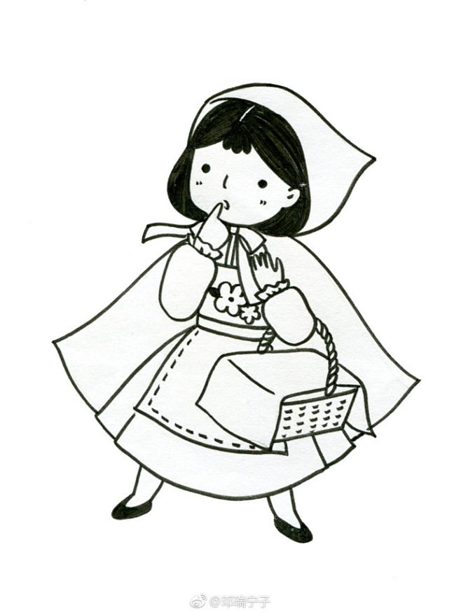 一组萌萌哒小女孩黑白简笔画线稿 （作者：...