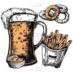 小吃,啤酒瓶,玻璃杯,饮料,传统,含酒精饮料,菜单,清新,食品,绘制