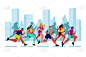 城市马拉松矢量平面插图。以城市为背景，奔跑着五颜六色的人。户外运动的概念