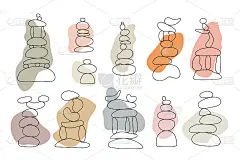 禅意石头设置在简单抽象的涂鸦风格矢量插图与形状，放松，冥想和瑜伽的概念，波西米亚色彩的石头金字塔制作