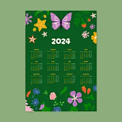 扁平手绘清新绿色植物插画2024年日历台历挂历模板Ai矢量设计素材-淘宝网