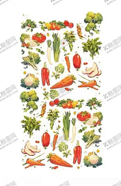蔬菜插画 【酷图网】蔬菜插画,手绘,萝卜,青菜,西红柿,西兰花