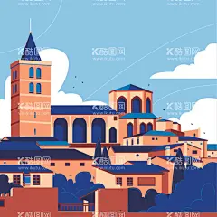 手绘西班牙旅游插画  - 源文件下载【酷图网】手绘,西班牙,旅游插画,克莱因蓝,西班牙建筑