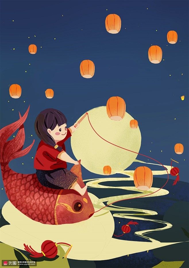 锦鲤彩色手绘放灯祈福传统元宵节插画节日节气元霄节