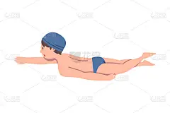 在游泳池游泳的男孩，可爱的孩子游泳人物穿着蓝色泳衣和帽子在游泳课训练，健康的生活方式，水活动概念矢量
