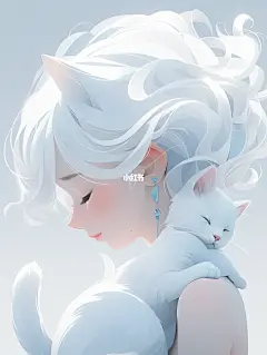 Midjourney｜蓝色简约抱猫女生