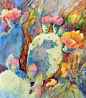 Watercolor painting--Texas prickly pear in spring with morning shadows--high key painting with luminous colors-- on 13 x 16 Arches watercolor paper.   MORNING SHADOWS by Mary Shepard. www.maryshepard.com