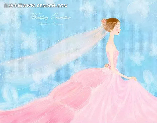 穿粉色婚纱的新娘插画psd分层素材PSD...