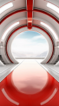 Red and white futuristic red circular door tunnel in futuristic futurist interior 3d, in the style of light gray and light bronze, clear edge definition, long lens, metallic texture, high-angle, iso 200, light-filled