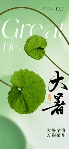 地产医美唯美大暑节气海报-价值,质感,生态,绿色,小暑,简约,藤蔓,清新,淡雅,铜钱草,荷叶,美业,海报,节气,大暑,唯美,医美,地产