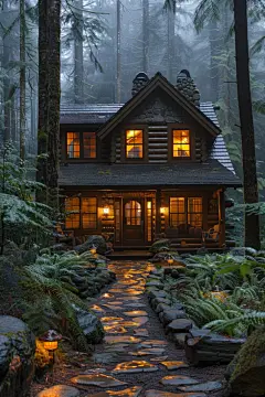 夜幕下的高山小木屋